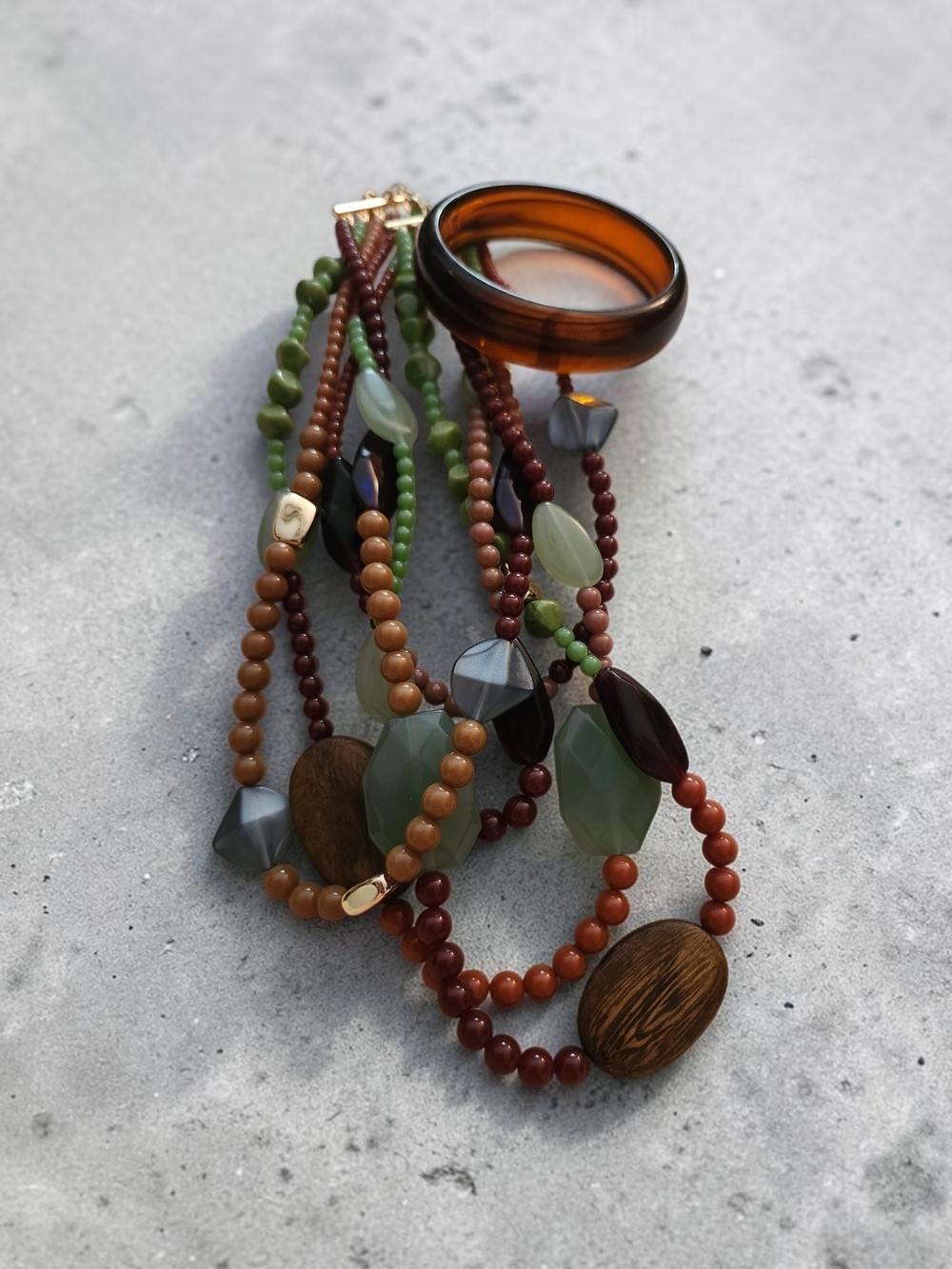 Earth-Tone EUC Multi-Strand Beaded Necklace with Amber Resin Bracelet